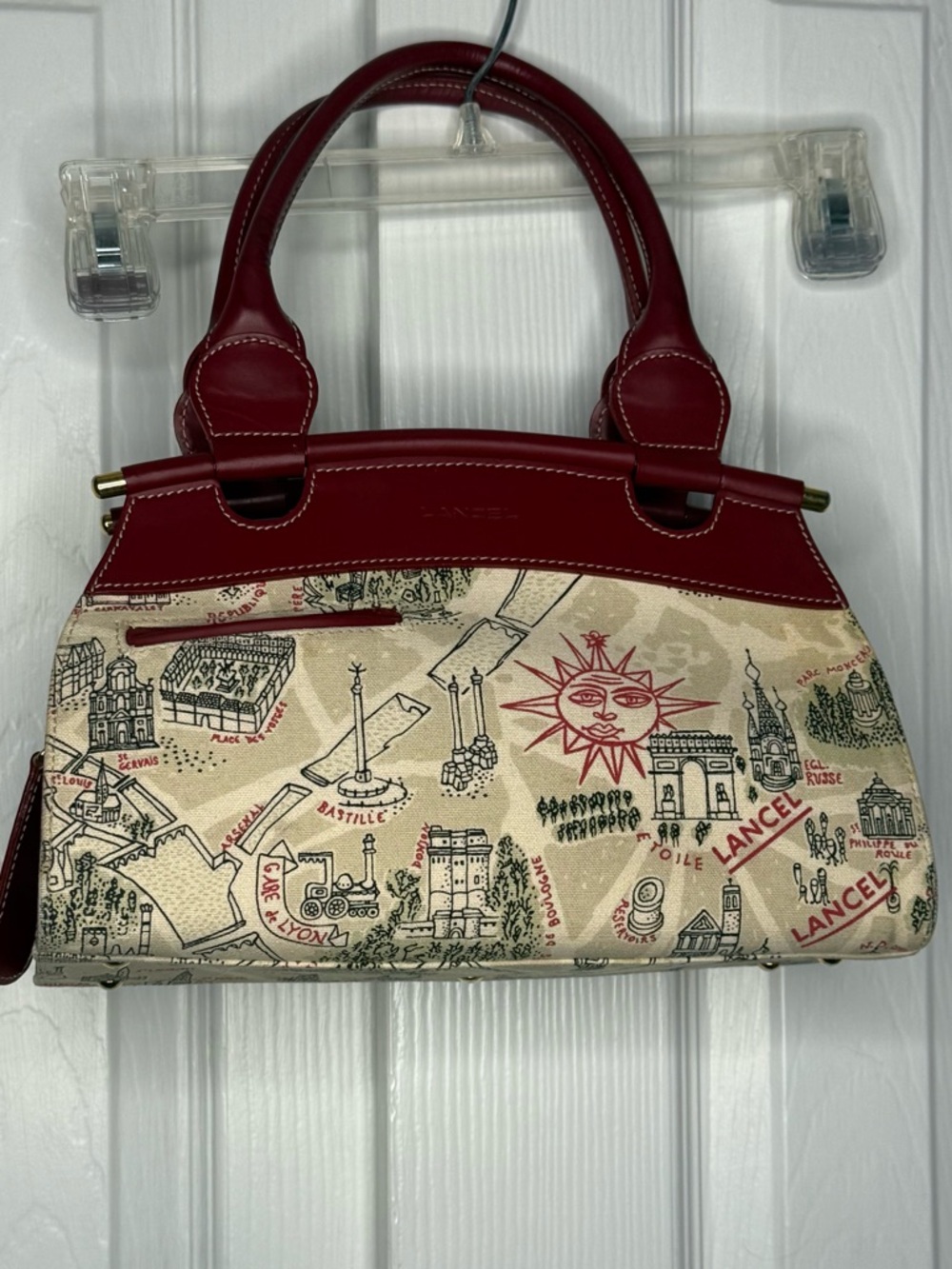 Lancel Beige Paris Map Print Cloth Handbag
